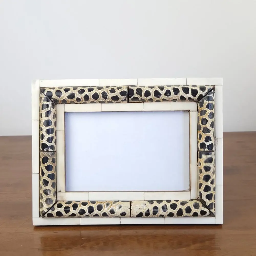 Handcrafted Bone Inlay Picture Frame Giraffe Safari Boho Eclectic Organic 4x6